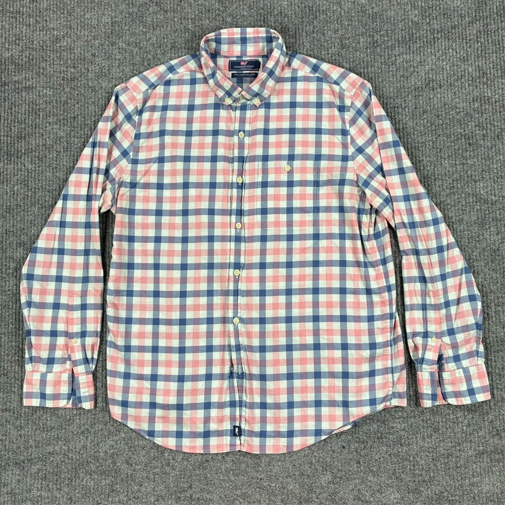 Vineyard Vines Slim Longshore Shirt Mens Size L Pink Blue Plaid Button Down